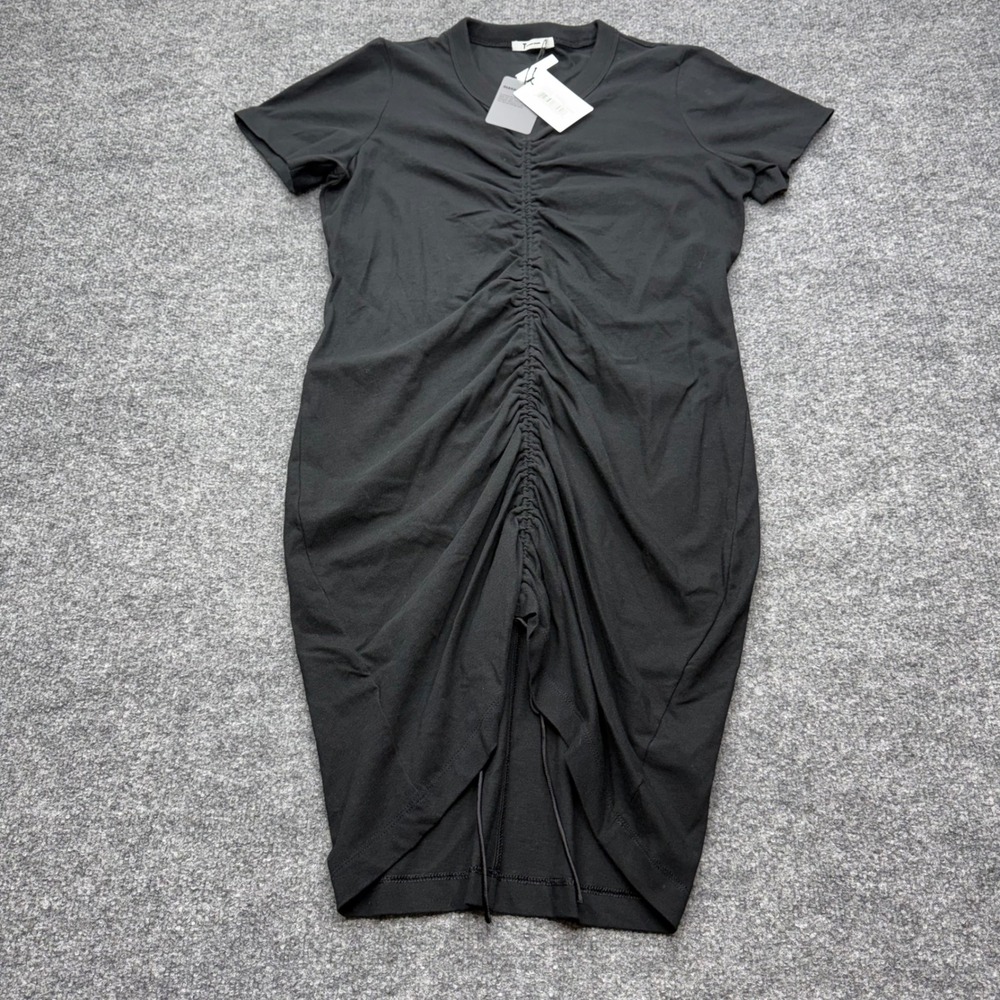 T by Alexander Wang Black Ruched Front Short Sleeve Cotton Dress Medium NEW